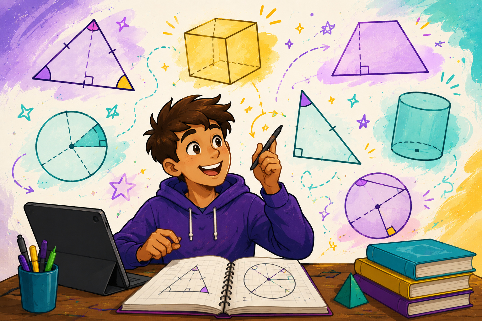 A student at a desk surrounded by floating triangles, circles and solids, practising mixed geometry problems.