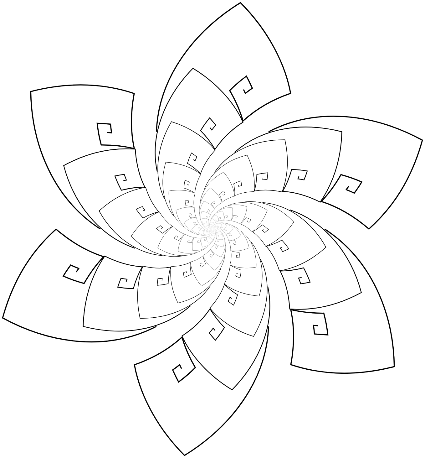 A decorative star built from many nested golden rectangles, their corners tracing
               golden spirals that wind out from the centre with radial symmetry.